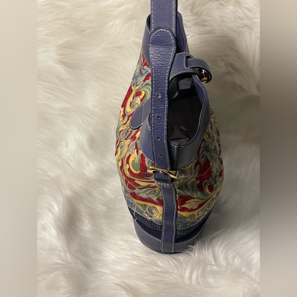 🧁🍯LOEWE Ceramica Sevillana Print Canvas Bag w/Blue Leather Trim - Picture 4 of 13